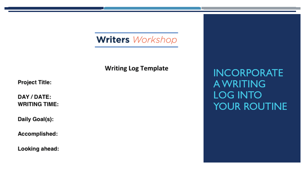 PowerPoint Slide showing an example writing log template, including the project title, day, writing time, daily goal(s), accomplished tasks, and looking ahead.